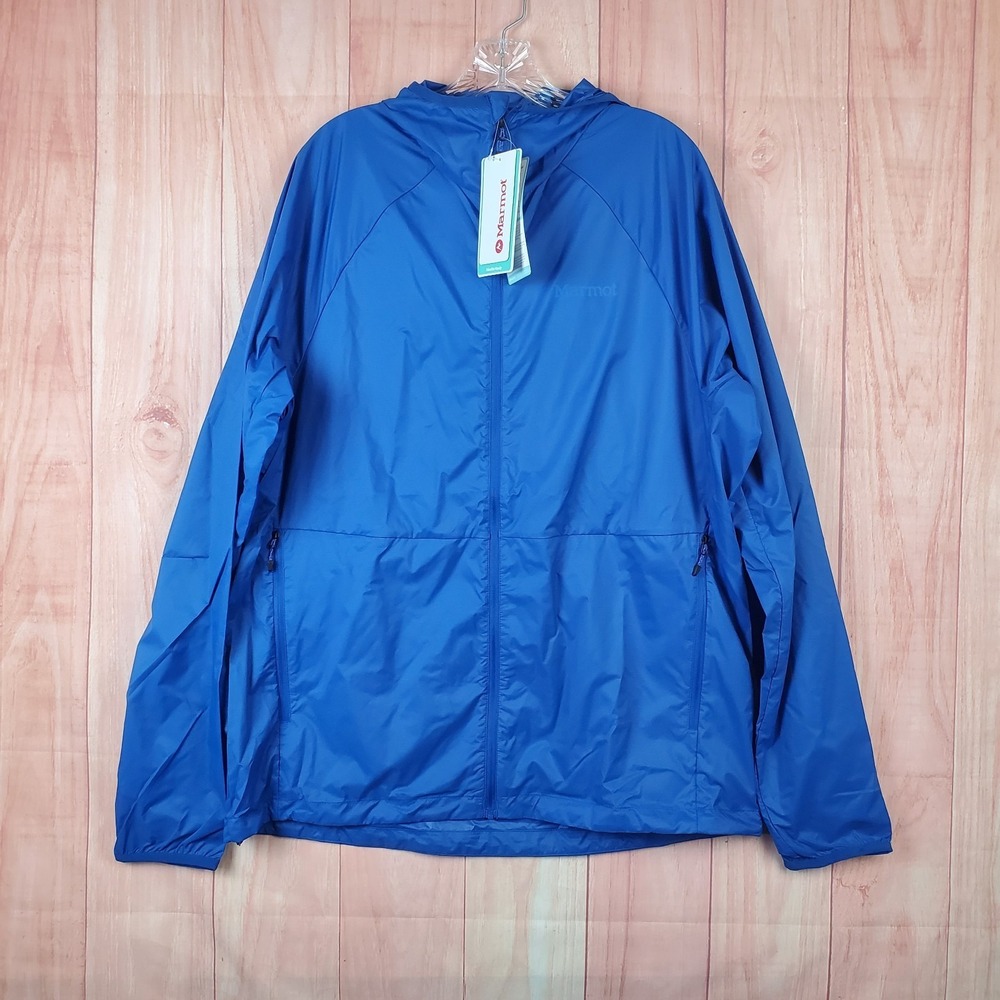 Marmot Etherlite Mens Windbreaker Jacket Sz XL Blue Hooded Long Sleeve Full Zip
